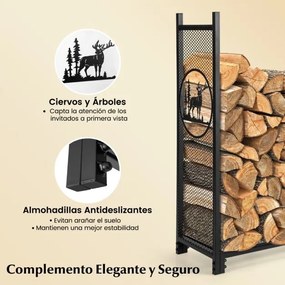 Suporte para lenha de 121 cm com padrões de veados, árvores, laterais em malha e base elevada. Capacidade para 140 kg. Preto.