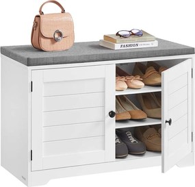 Banco para sapatos com espaço de arrumação 35,5 x 81 x 52,5 cm, portas, almofadas de assento e prateleiras ajustáveis Branco - Cinzento