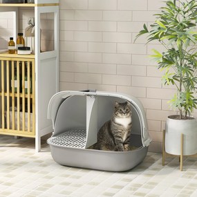 Caixa de areia para gatos com porta, pá e tampa frontal que se abre, 58 x 46 x 39 cm, cinzento claro e branco