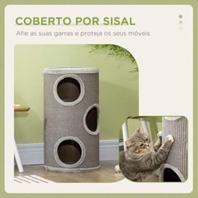 Arranhador Gatos Barril para Arranhar Gatos de 3 níveis Torre para Arranhar Gatos com 3 Entradas e Tampa em Sisal Ø38x70cm Cinzento Claro