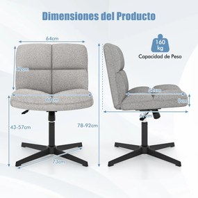 Cadeira giratória para escritório com superfície em tecido felpudo, altura ajustável, base em metal e elevador a gás premium, cinzenta