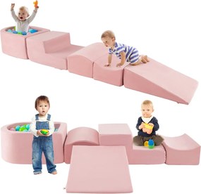 Conjunto de 5 peças para escalada e rampa para crianças Blocos de construção em esponja com piscina de bolas Cobertura lavável Criativa Rosa