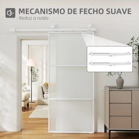 Porta de Correr de Vidro com Mecanismo de Fecho Suave para Casa de Banho Sala de Estar Cozinha 91,4x203,2 cm Branco