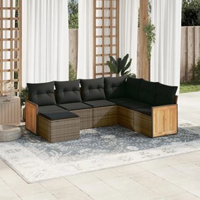 7 pcs conjunto sofás p/ jardim c/ almofadões vime PE cinzento