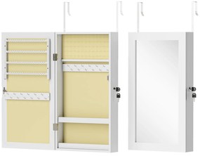 HOMCOM Espelho Joalheiro de Parede Armário para Jóias com Fechadura e Vários Compartimentos para Colares Anéis Pulseiras Branco e Creme | Aosom Portugal