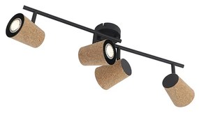 Candeeiro de teto com focos ajustáveis preto com abajur em cortiça 4 luzes - Corky Rústico