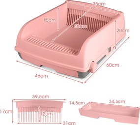 Caixa de areia semi-automática para gatos com tampa aberta, laterais altas anti-respingos, bandeja e pá deslizante rosa