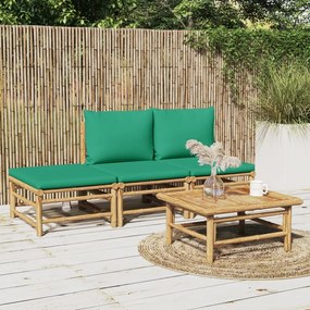 4 pcs conjunto lounge de jardim bambu c/ almofadões verdes