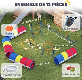 Conjunto de agilidade para cães com 12 peças, 4 túneis, obstáculos ajustáveis, anel, slaloms, 357 x 65 x 68 cm, multicolorido
