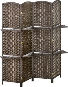 HOMCOM Biombo Separador de Ambientes 4 Painéis 160x170 cm com 2 Prateleiras Dobrável de Fibra de Papel Castanho | Aosom Portugal