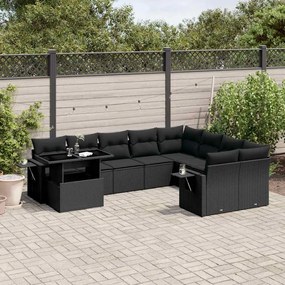 10 pcs conjunto sofás de jardim c/ almofadões vime PE preto