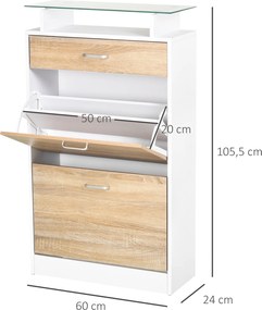 Sapateira de 2 Portas Sapateira Estreito para 12 Pares de Sapatos com Gaveta e Bancada de Vidro  60x24x105,5cm Branco