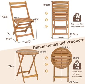 Conjunto de Mesa Redonda e 2 Cadeiras Dobráveis em Madeira de Acácia Mesa e Cadeiras de Interior para Pátio Varanda Jardim Natural