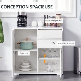 Cómoda, aparador, móvel de arrumação com 2 gavetas, 2 portas e prateleira – 79 x 36 x 74 cm, branco brilhante