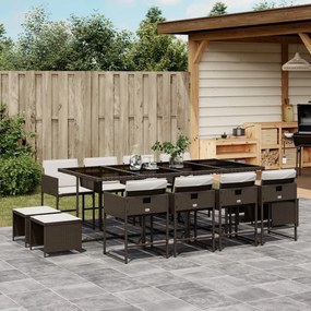 13 pcs conjunto jantar p/ jardim c/ almofadões vime PE castanho