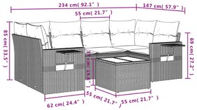 7 pcs conjunto sofás p/ jardim c/ almofadões vime PE cinzento