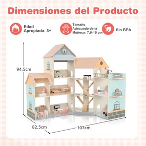 Casa de bonecas de madeira com telhado 82,5 x 107 x 94,5 cm, 41 móveis e acessórios Casa dos sonhos DIY com 3 andares e 6 quartos Laranja