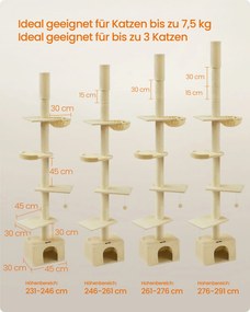 Arranhador para gatos com altura até ao teto 231-291 cm, ajustável em altura, bege
