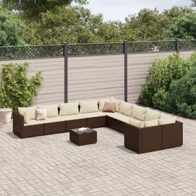 vidaXL 11 pcs conjunto sofás de jardim c/ almofadões vime PE castanho