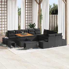 Conjunto de Sofá de Jardim vidaXL com Almofadas Preto Vime Acácia