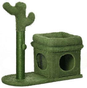 PawHut Arranhador Gato Cacto Cama Pelúcia Casa Poste Sisal Bola Suspensa 68x30x67cm Verde