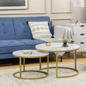 Conjunto de 2 mesas baixas encaixáveis, redondas, com tampo com efeito mármore e pés em aço, Ø 74 x 46,3 cm, branco dourado