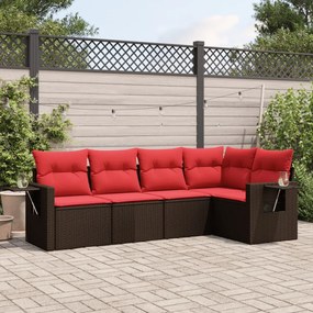 vidaXL 5 pcs conjunto sofás p/ jardim c/ almofadões vime PE castanho