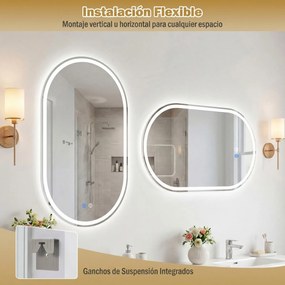 Espelho de casa de banho com iluminação, de parede, 90 x 55 cm, oval, sem moldura, com iluminação LED traseira, 3 modos de cor ajustáveis, antiembacia