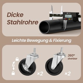 Guarda roupa aberto 49 x 130 x 198 cm, cabide com 2 barras para roupas com rodas preto