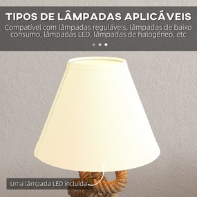 Candeeiro de Mesa LED com Base de Metal Corda de Linho e Ecrã de Tecido Suporte para Lâmpada E27 Ø28x45,5 cm Casatanho Bege