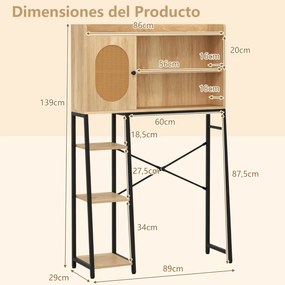 Armário de arrumação sobre a sanita Organizador de casa de banho economizador de espaço com porta de rattan PE Estante metálica ajustável Natural