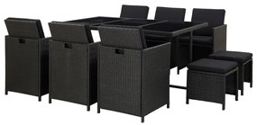 vidaXL 11 pcs conjunto jantar exterior com almofadões vime PE preto