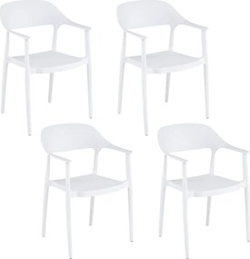Conjunto de 4 cadeiras de jantar em plástico com encosto curvo, braços e assento amplo; para uso interior e exterior, na sala, terraço ou jardim branc