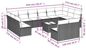 13 pcs conjunto sofás p/ jardim c/ almofadões vime PE cinzento