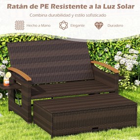 Conjunto de sofá-cama em rattan com pufe com espaço de arrumação, encosto ajustável em 4 níveis e mesas laterais dobráveis para jardim e piscina, bran