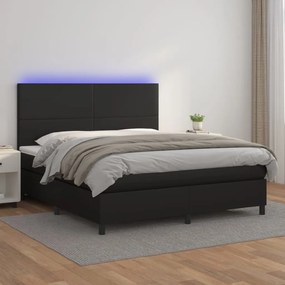 Cama box spring c/ colchão/LED 180x200cm couro artificial preto