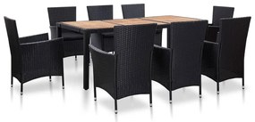 vidaXL 9 pcs conjunto jantar exterior com almofadões vime PE preto