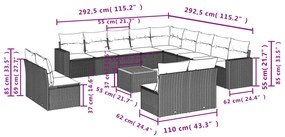 14 pcs conjunto sofás p/ jardim c/ almofadões vime PE cinzento