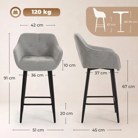Conjunto de 2 bancos de bar, cadeiras de bar estofadas em chenille, assento largo 67H cm, encosto e apoio para os pés, cinzento