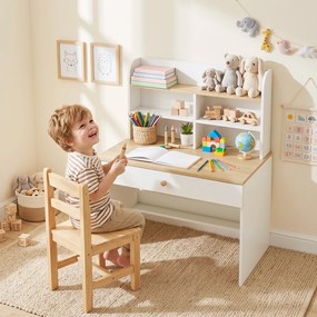 Secretária Infantil com Prateleira (CADEIRA NÃO INCLUIDA), 3 Compartimentos e Gaveta – Mesa de Estudo 80x50x100 cm, Branco, 3-8 Anos