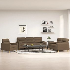 vidaXL 3 pcs conjunto de sofás c/ almofadões tecido castanho
