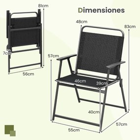 Conjunto de 2 cadeiras dobráveis com estrutura metálica, encosto e apoios para os braços, carga 150 kg, para terraço, varanda ou praia Preto