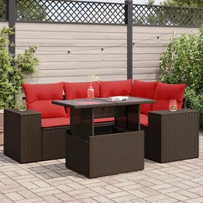 5 pcs conj. sofás jardim c/ almofadões vime PE/acácia castanho