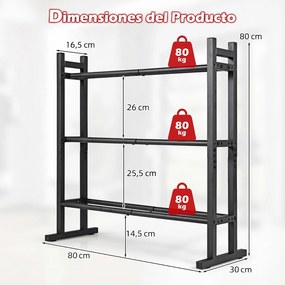 Suporte para Halteres de 3 Níveis, 80 x 30 x 80 cm, Capacidade para 240 kg, Preto