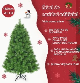 Árvore de natal (não iluminada) com 1,8 m, dobradiças e 586 ramos em PVC verde
