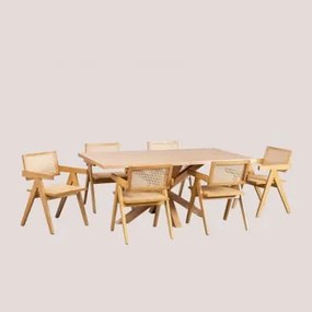 Conjunto De Mesa De Jantar Retangular Em Mdf (180x100 Cm) Pleven E 6 Cadeiras Com Braços Em Madeira De Freixo E Rattan Estilo La Madeira Natural -