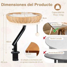 Cama-rede para gatos giratória de 360° para gatos 40,5 x 49,5 cm, em rattan, com almofada removível e bola suspensa, para secretária, escritório ou ca
