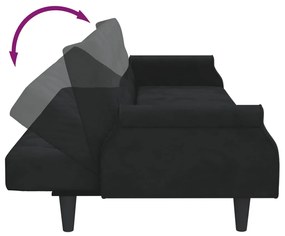 Sofá-cama 2 lugares c/ almofadas e apoio de pés veludo preto