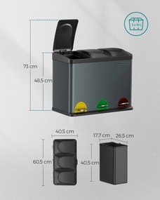 Caixote do lixo 3 x 15 litros com tampa e recipiente interior cinzento fumo-preto