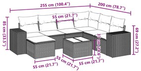 8 pcs conjunto de sofás p/ jardim com almofadões vime PE bege